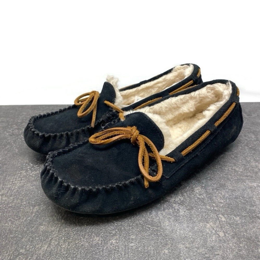UGG Dakota Black Suede Leather Women's 8 Fleece Lined Moccasin Slippers 1107949